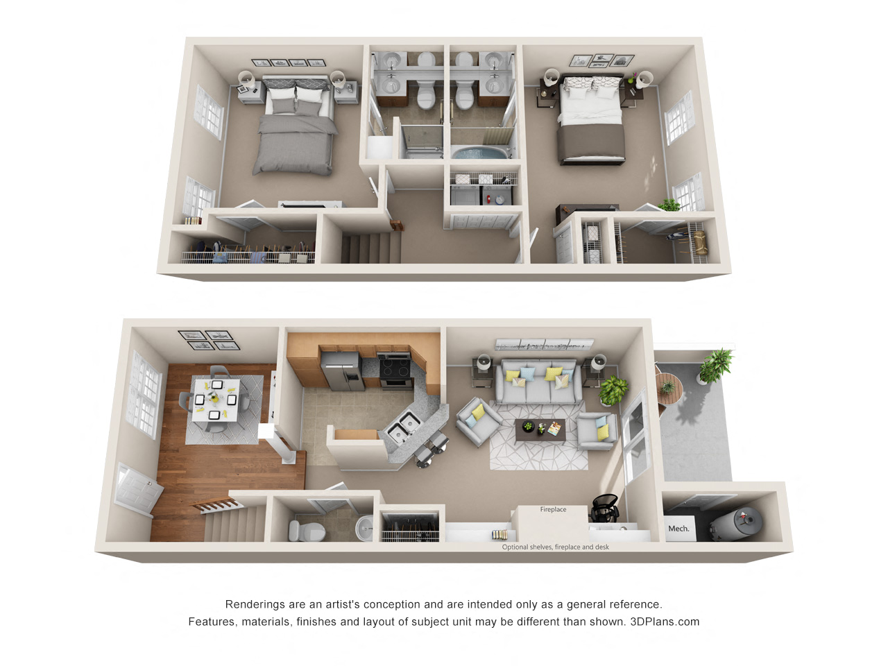Floor plan for 2 beds, 2.5 baths, 1152 sqft